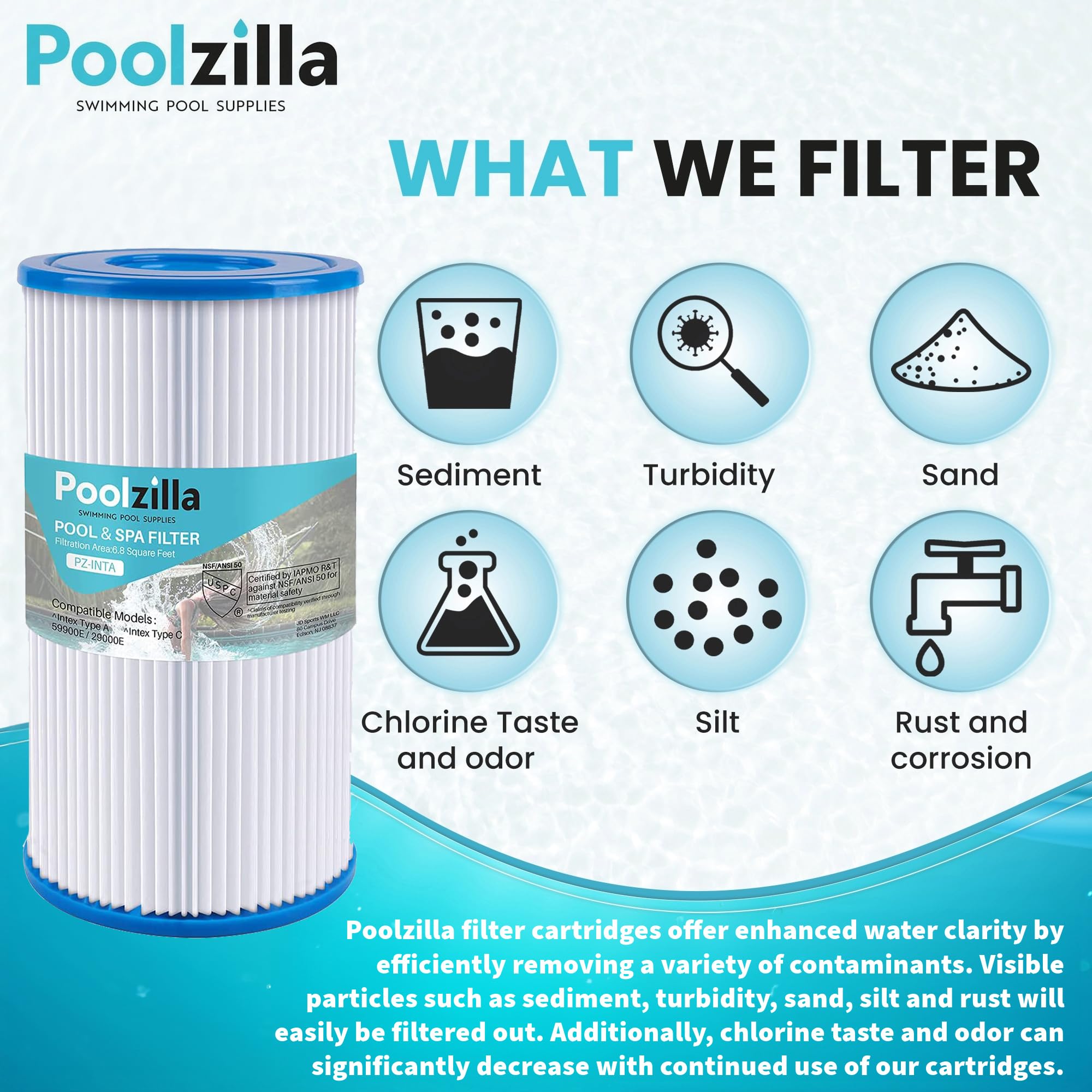 Poolzilla filter cartridge in use in pool