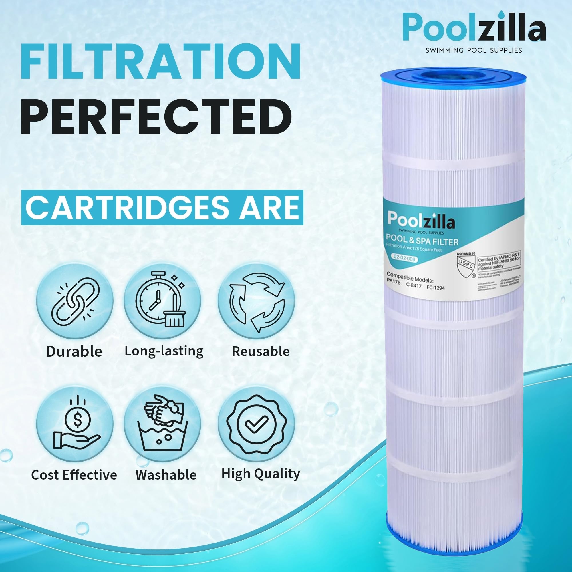 Poolzilla PLF175A pool filter cartridge in water