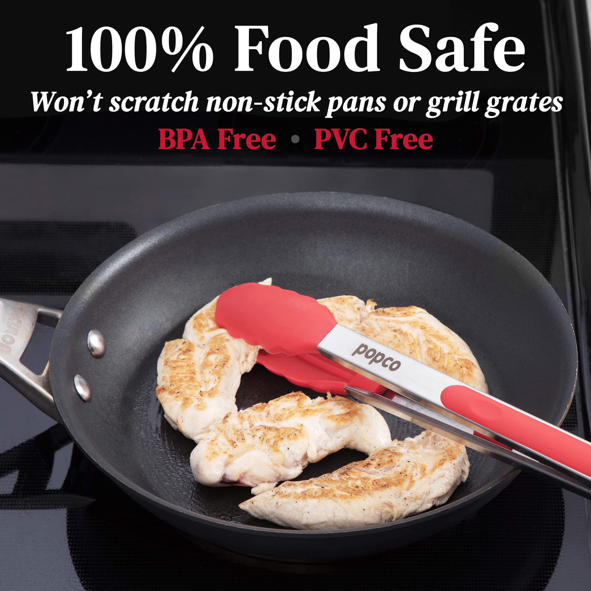 POPCO tongs in use for grilling burgers on a barbecue