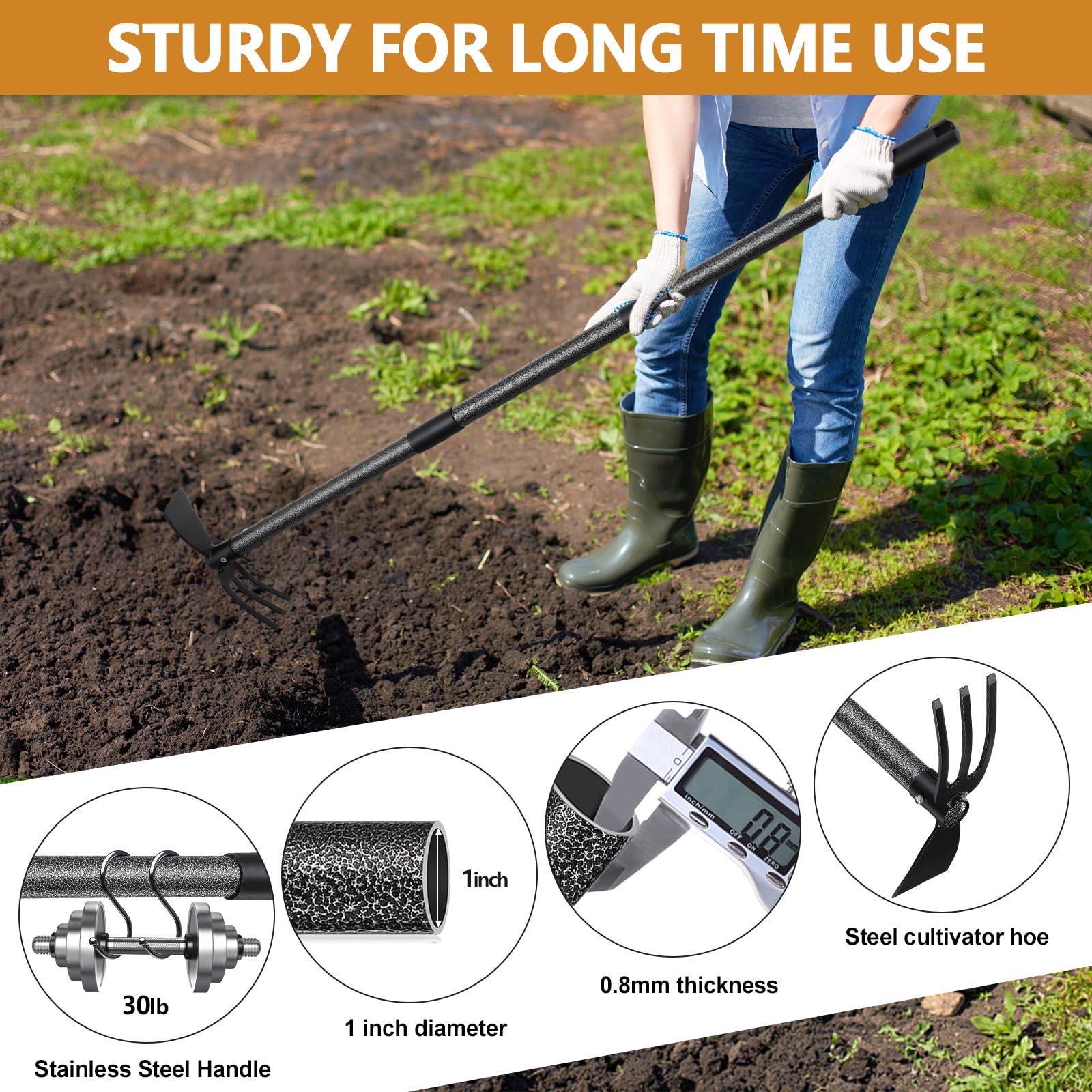 PoPoHoser Garden Hoe Tool assembled with 45-inch handle