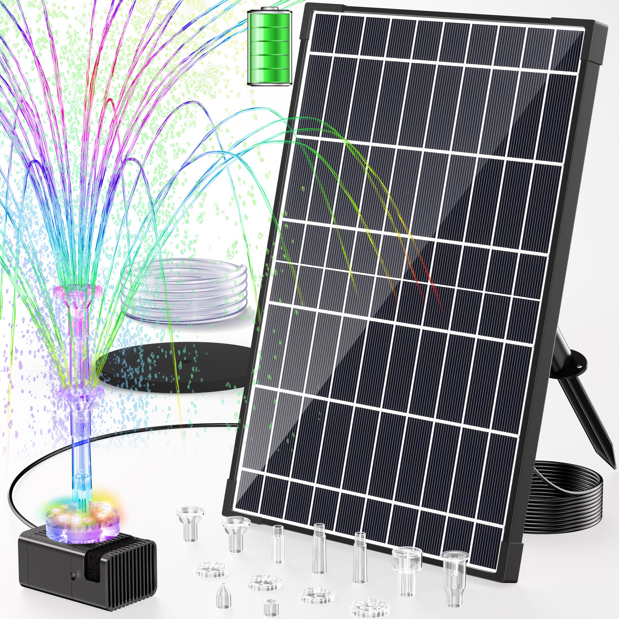 POPOSOAP 12W Solar Fountain Pump front view with LED lights