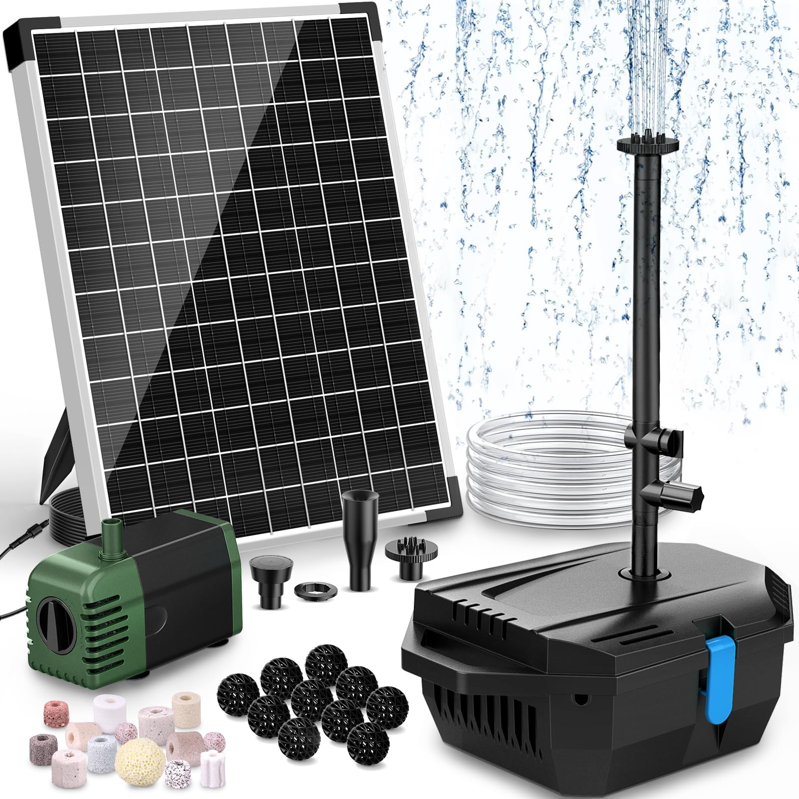 POPOSOAP 20W Solar Pond Filter Kit with fountain pump components