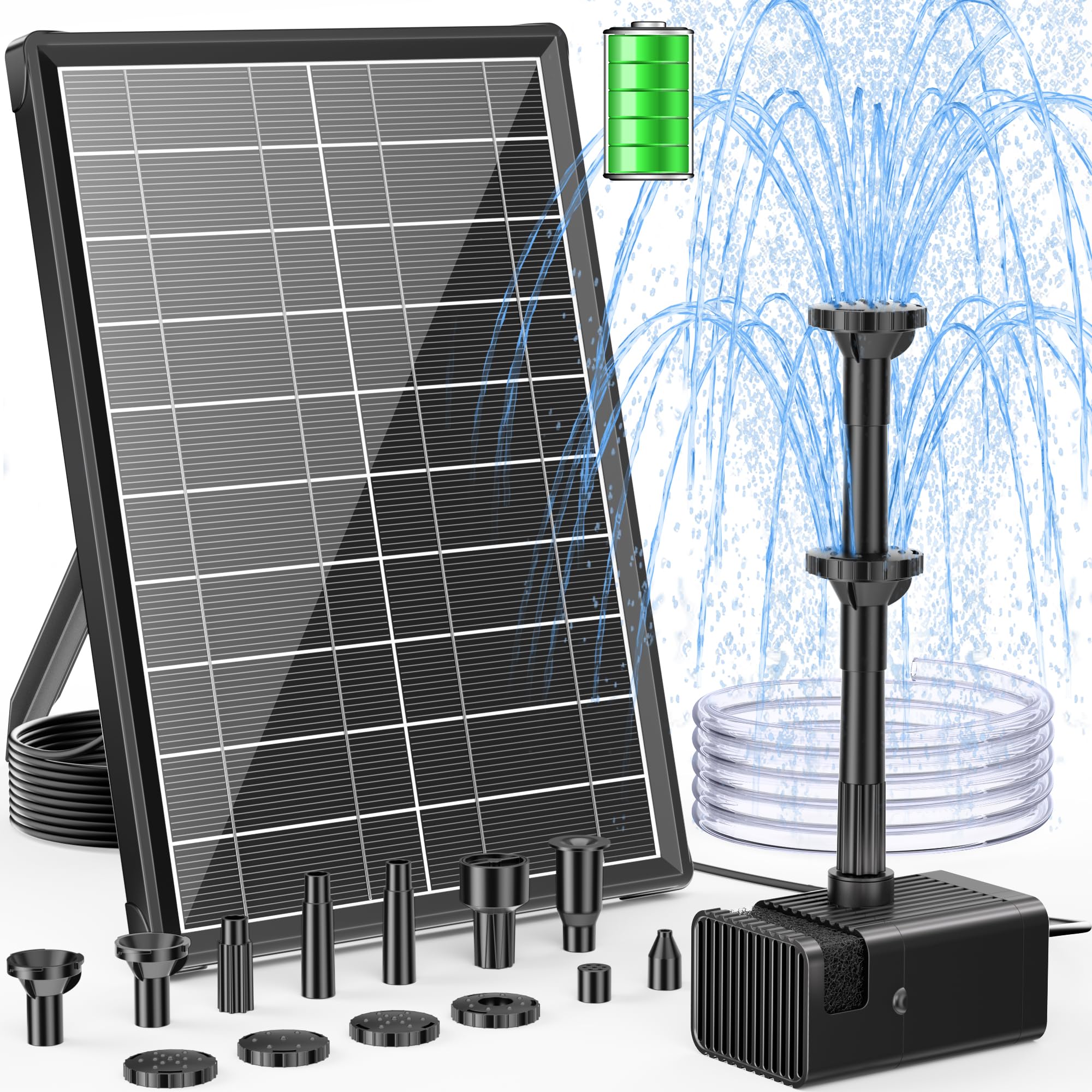 POPOSOAP 8W Solar Fountain Pump with battery backup and nozzles