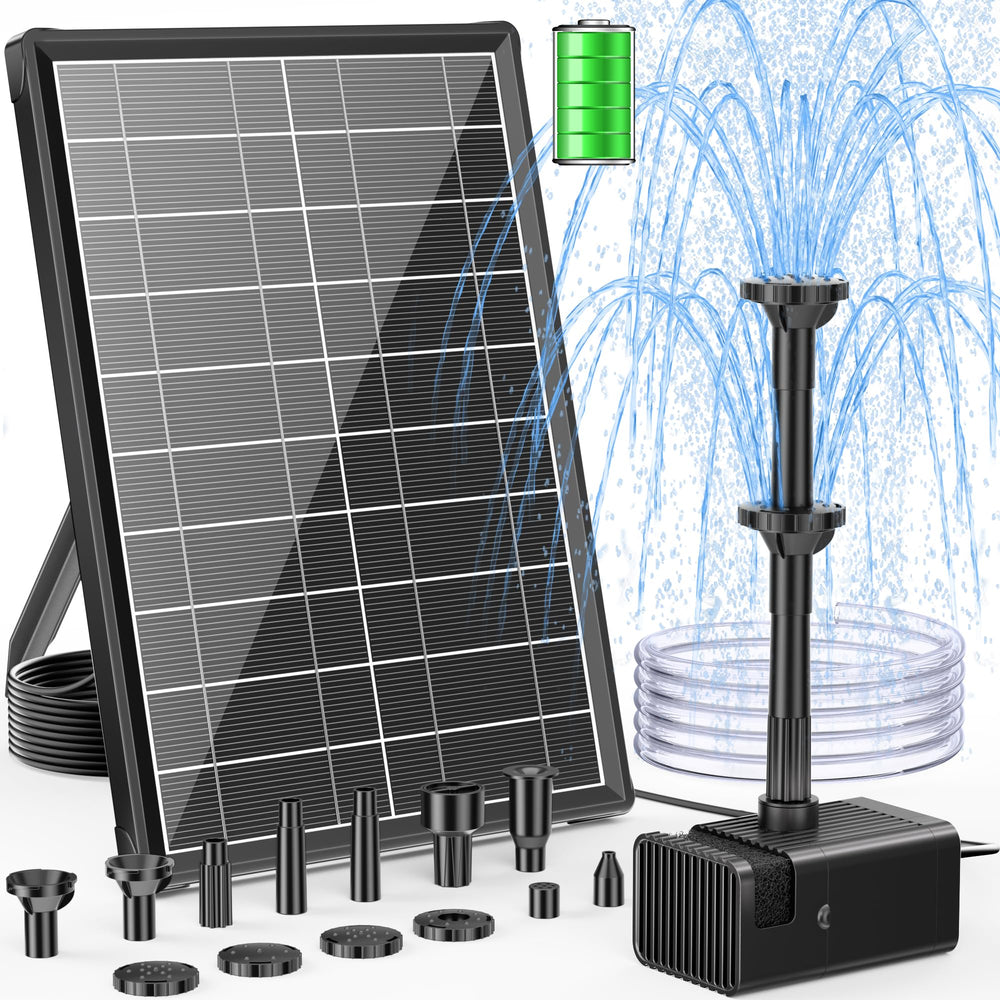 POPOSOAP 8W Solar Fountain Pump with battery backup and nozzles