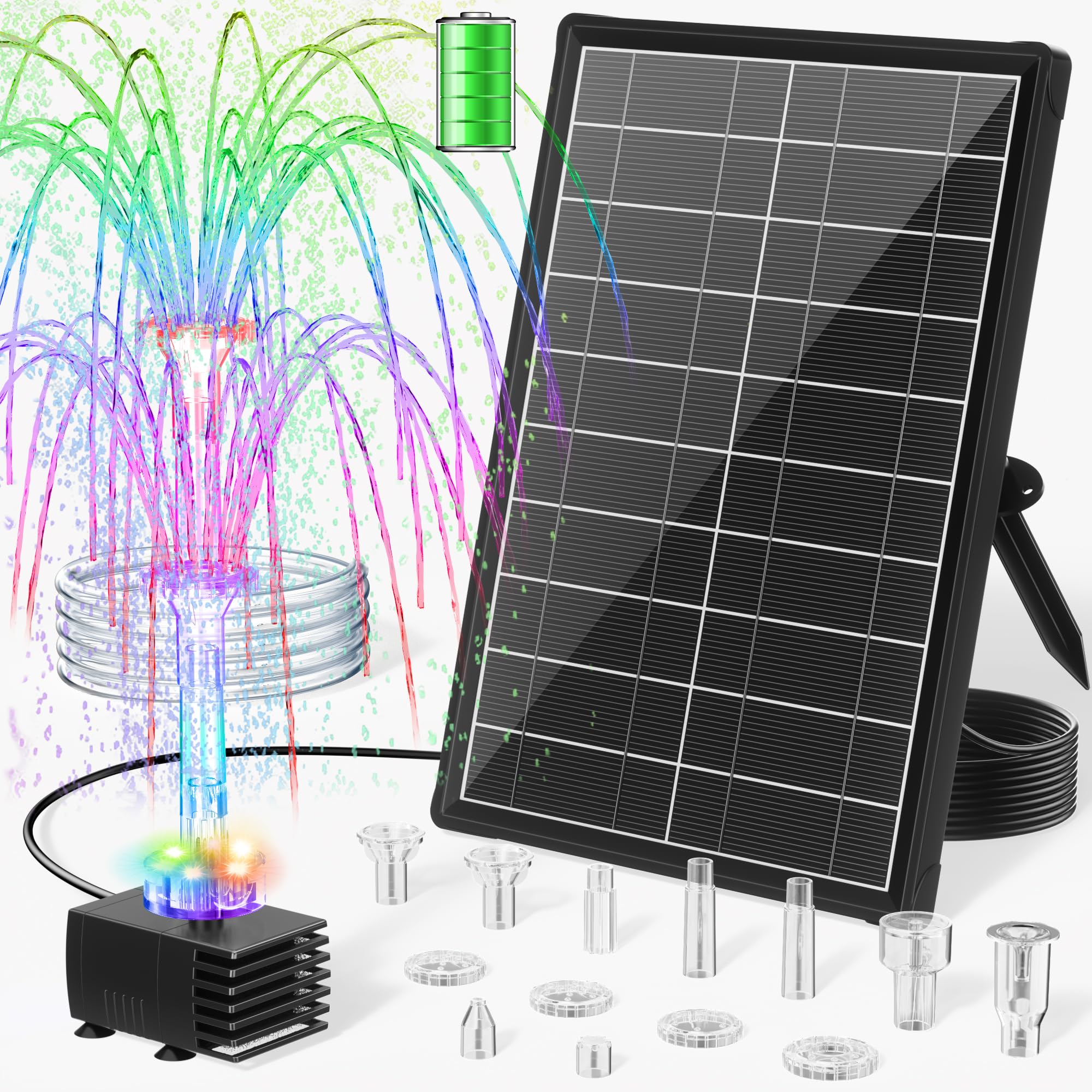 POPOSOAP 8W Solar Fountain Pump with LED lights and nozzles