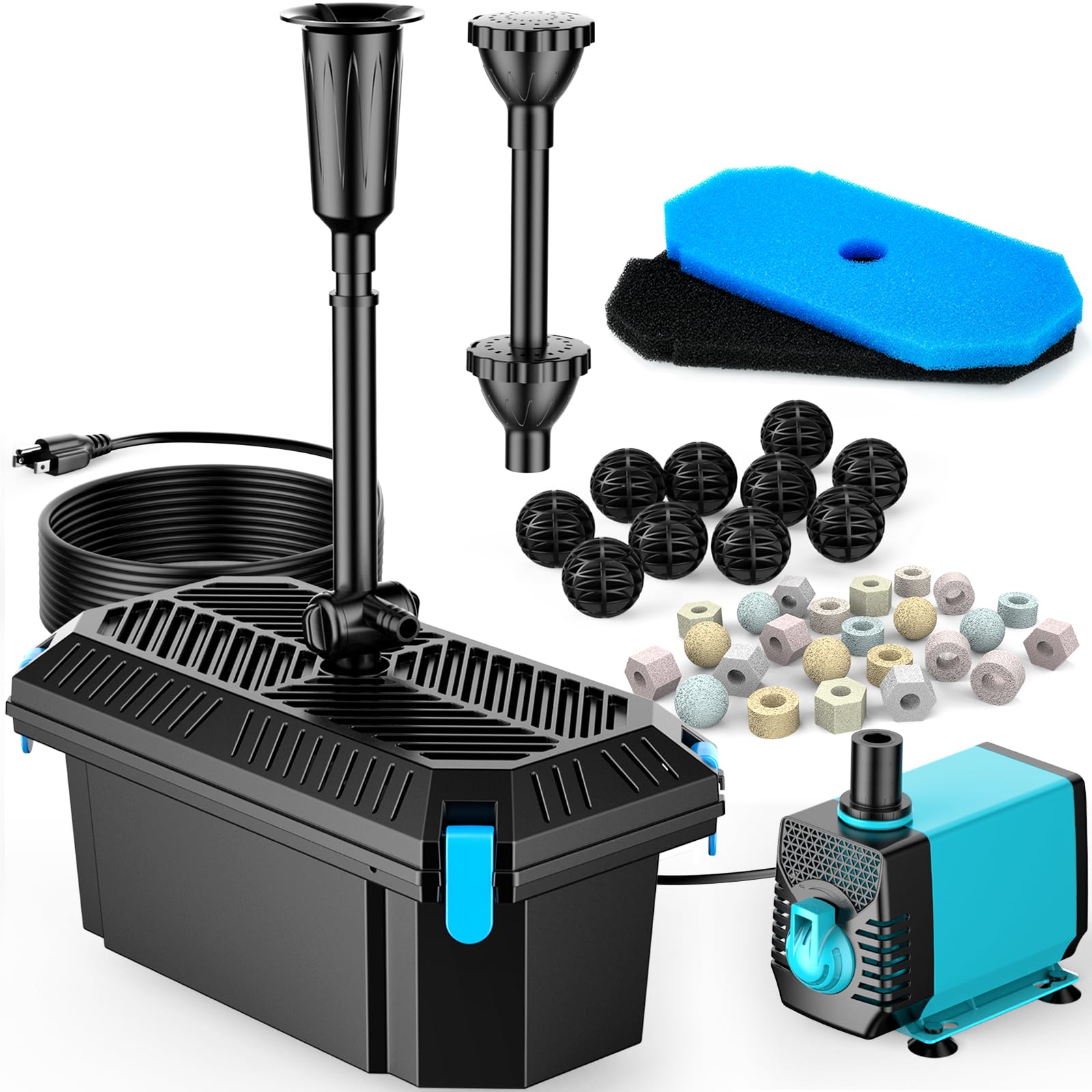 POPOSOAP Pond Filter with built-in pump and fountain kit, front view