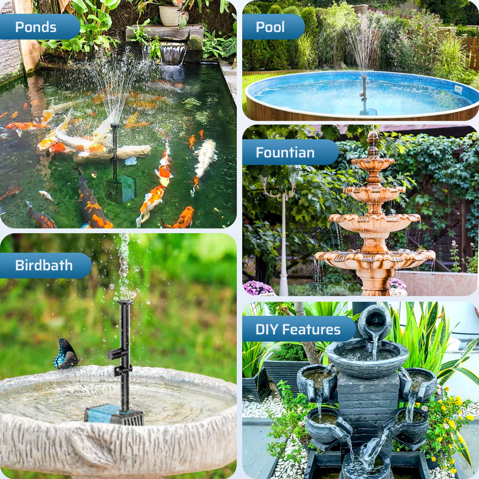POPOSOAP Solar Water Fountain Pump in a bird bath setting