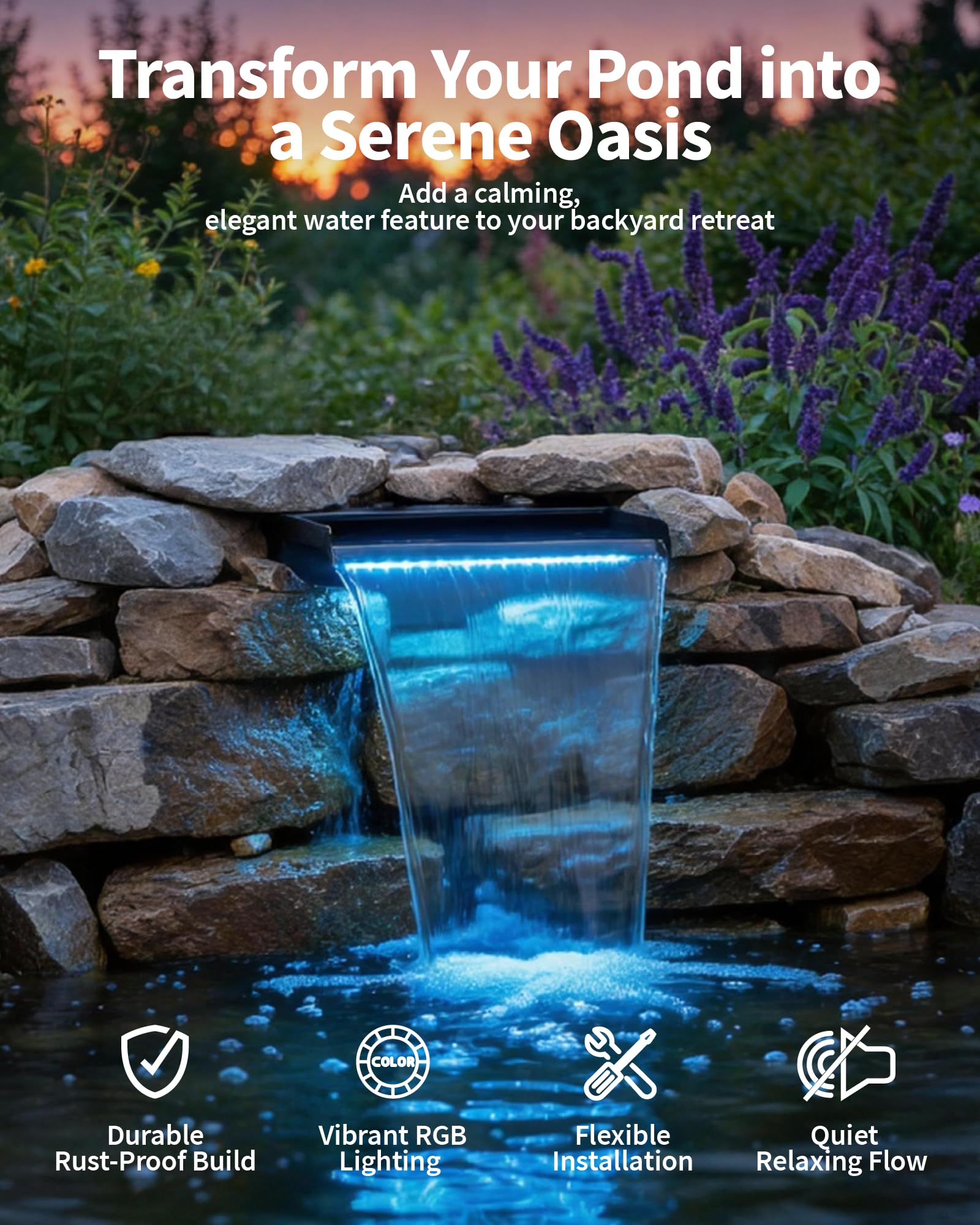 POPOSOAP spillway with water flowing and LED lights on