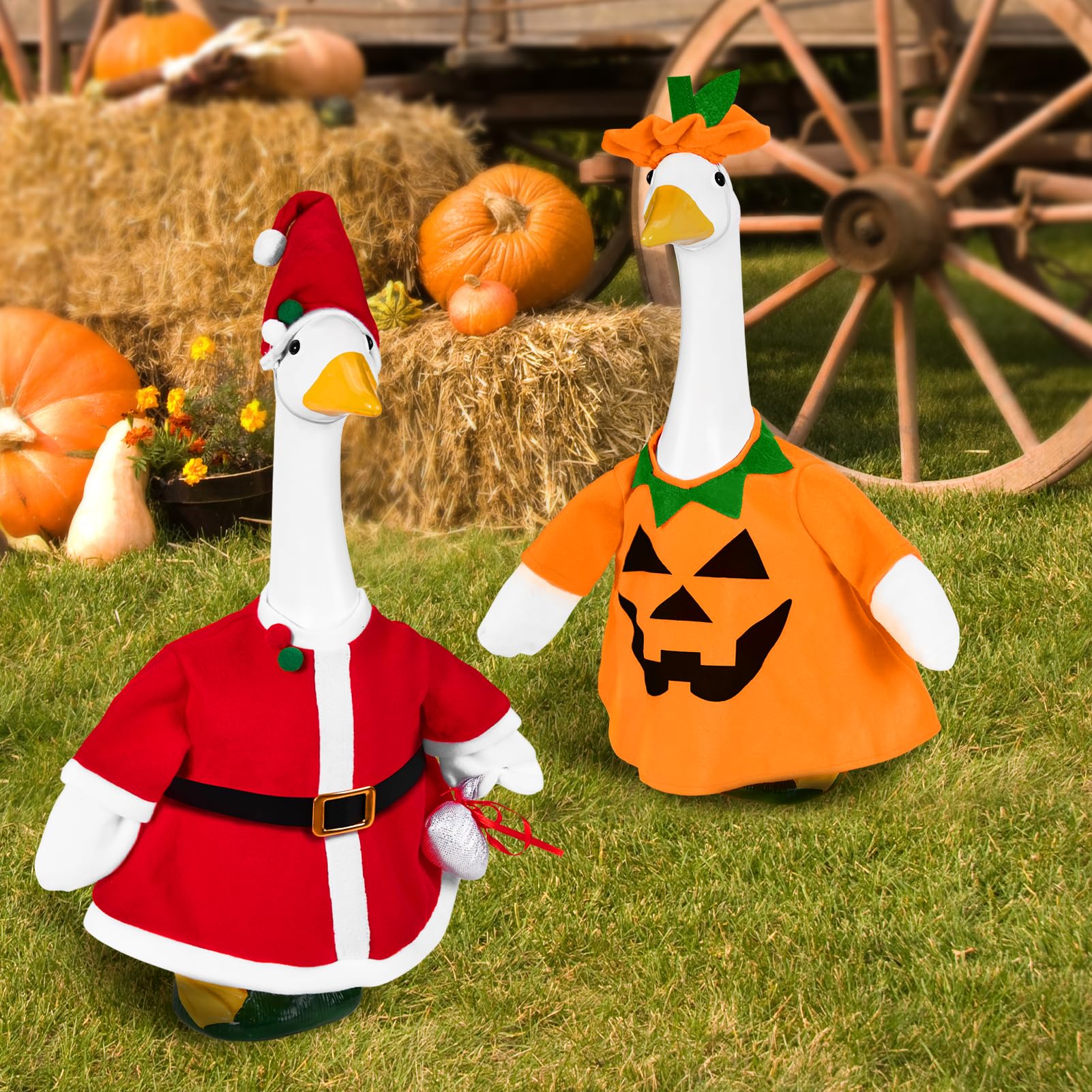 Porch goose dressed in Halloween costume with pumpkins