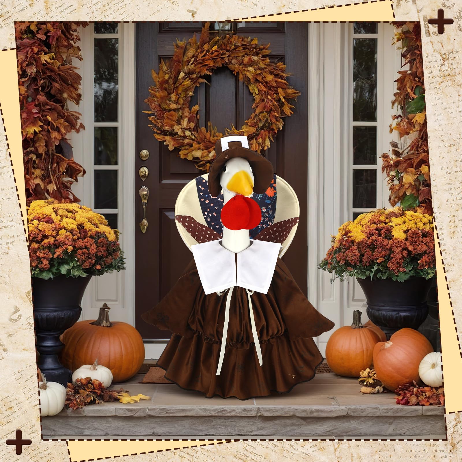 Porch goose in the yard wearing the Thanksgiving costume