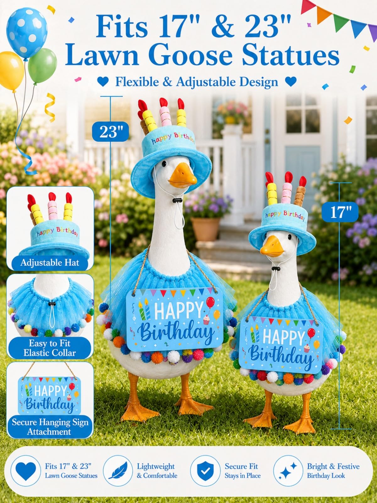 Porch goose wearing LKMXD birthday outfit in garden