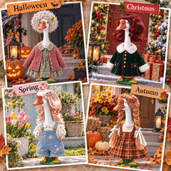 Porch Goose Wigs displayed in a garden setting