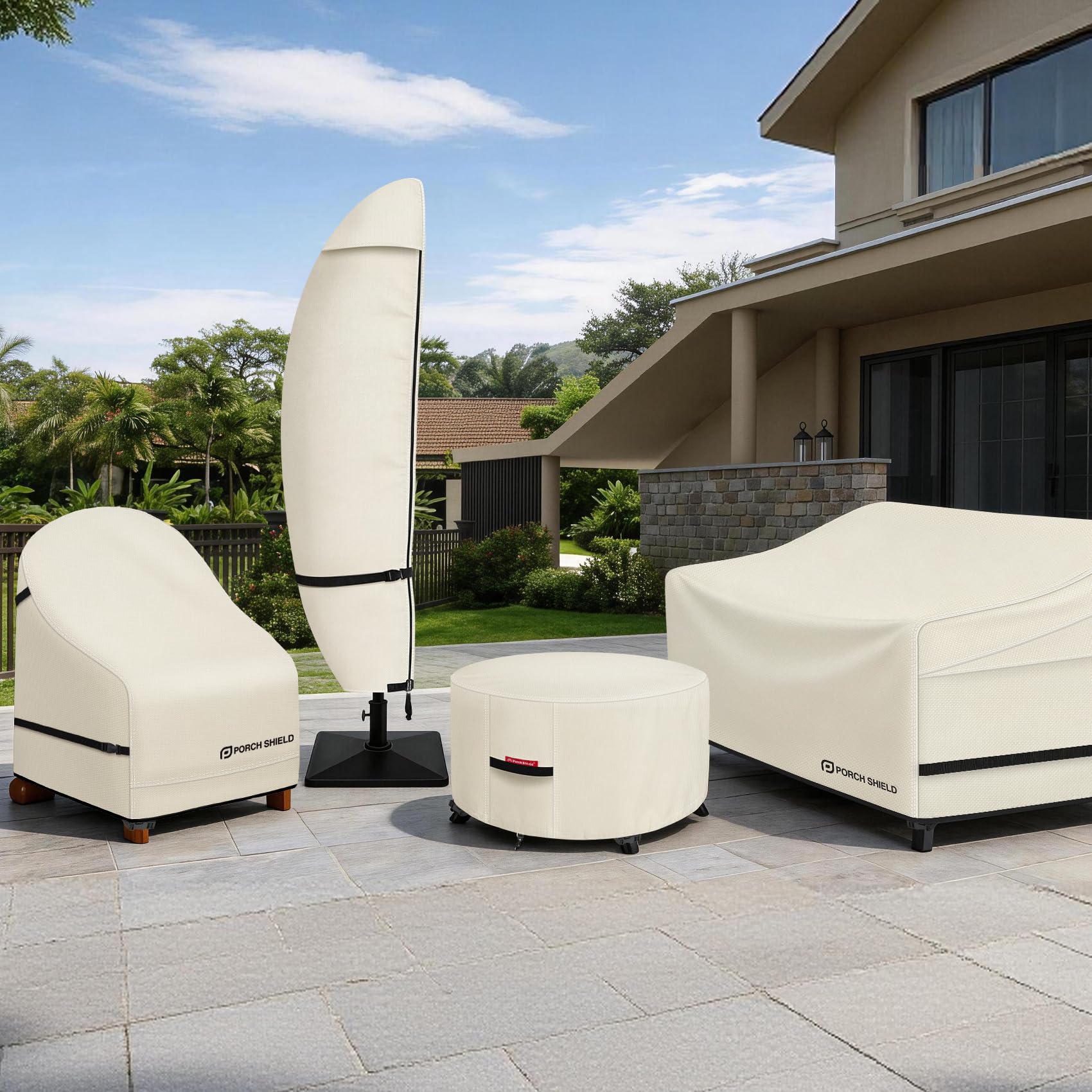 Porch Shield Adirondack Chair Cover beige on patio