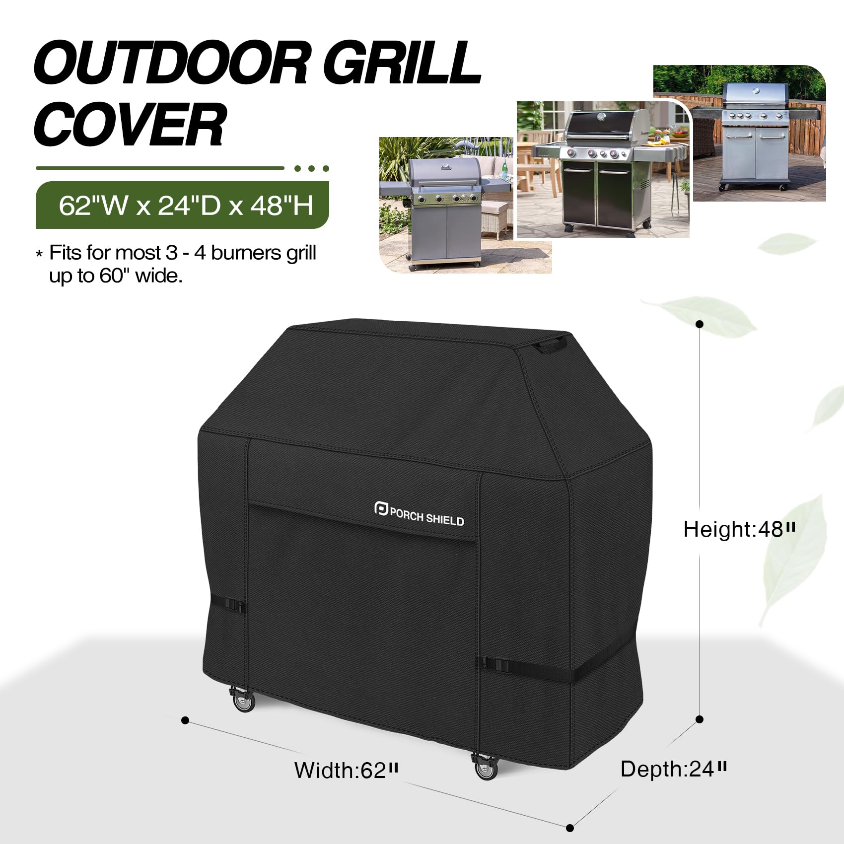 Porch Shield BBQ Grill Cover 62W x 24D x 48H inch, Black with straps
