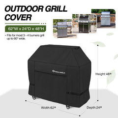 Porch Shield BBQ Grill Cover 62W x 24D x 48H inch, Black with straps
