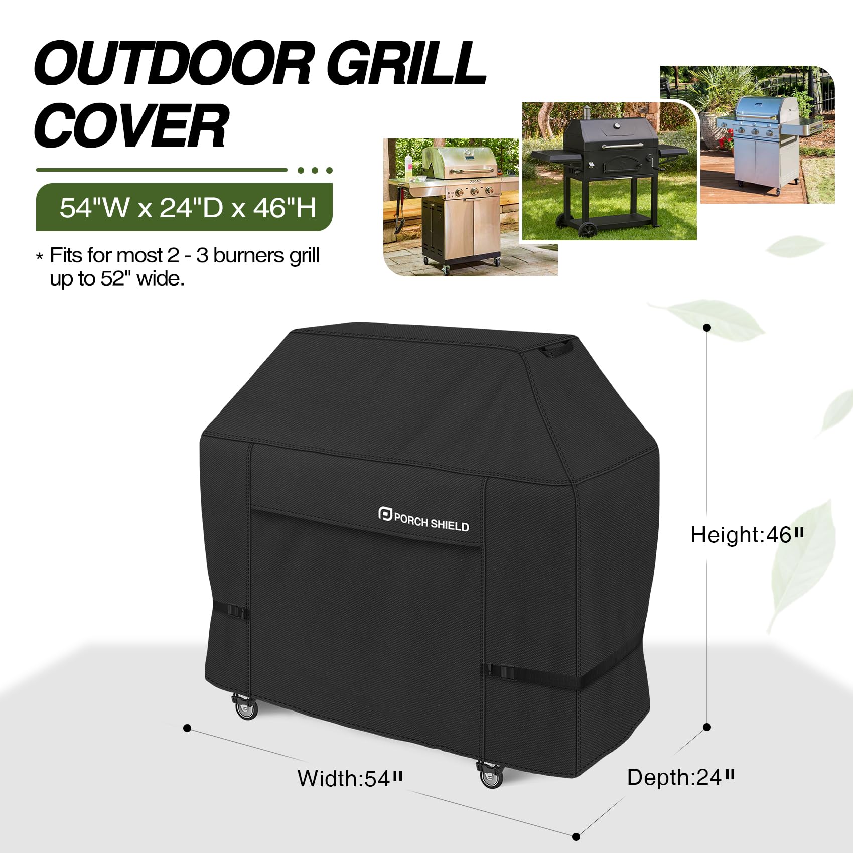 Porch Shield BBQ Grill Cover with adjustable straps, Black