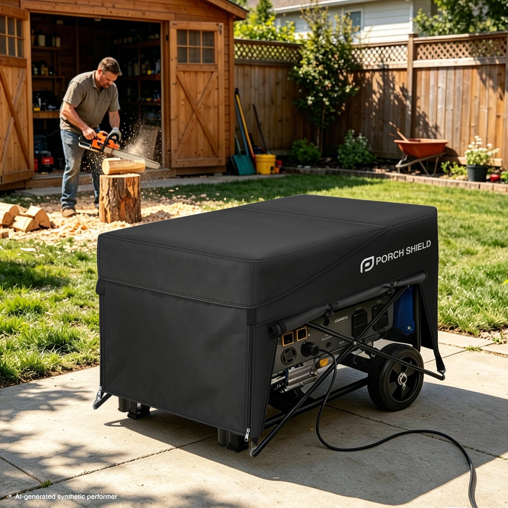 Porch Shield Generator Cover displayed with a 3500W generator