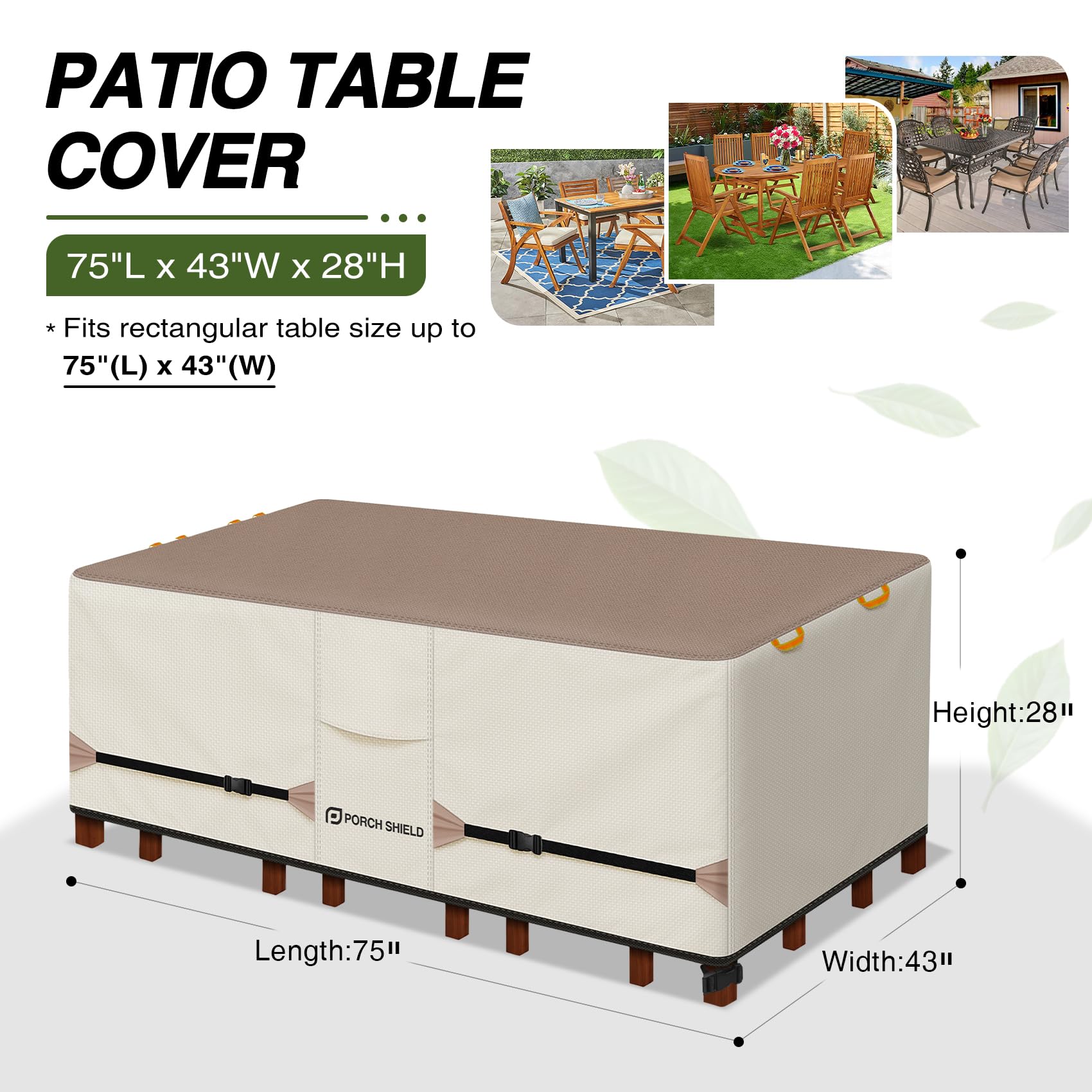 Porch Shield patio table cover showing adjustable straps