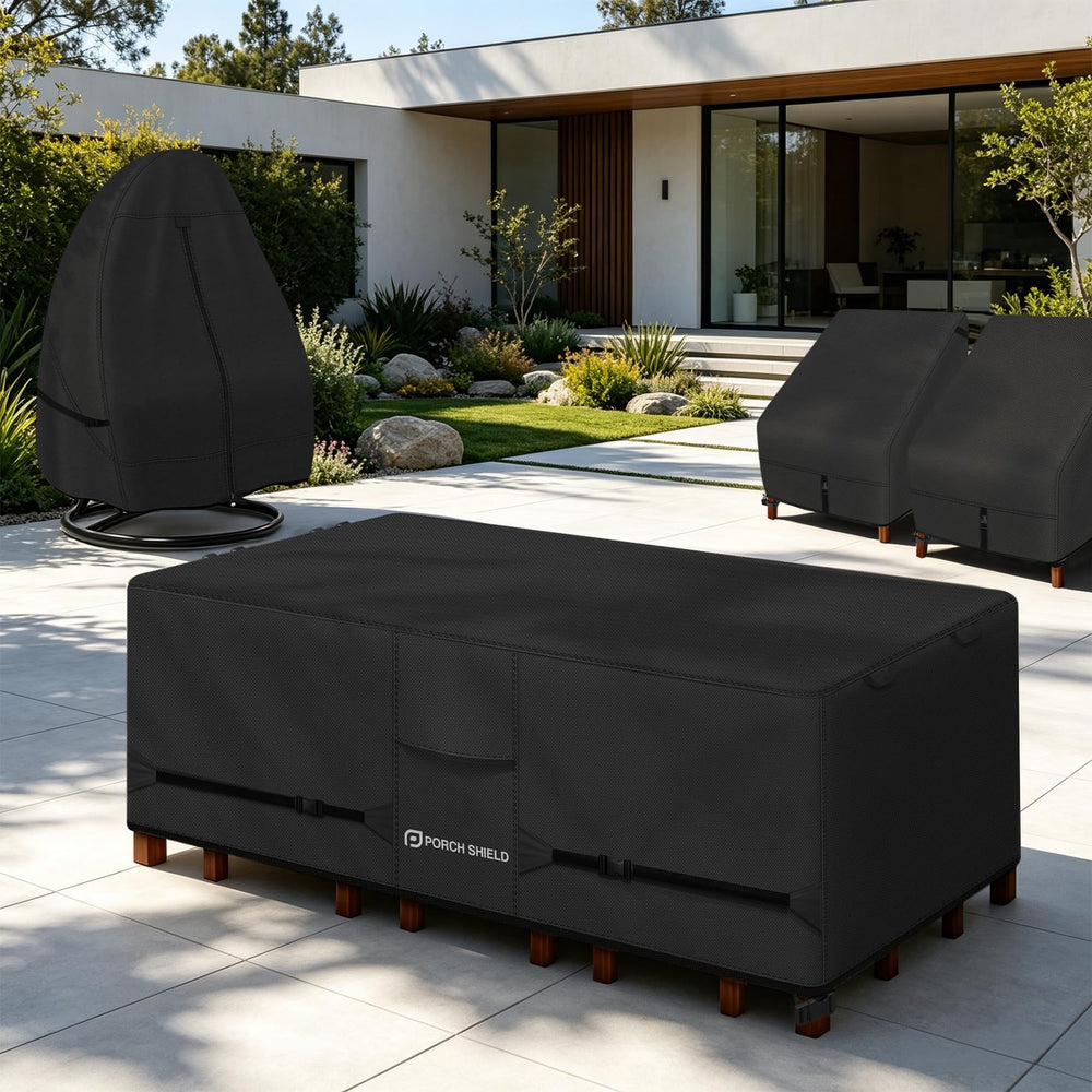 Porch Shield Rectangular Patio Table Cover, Black, showing air vents