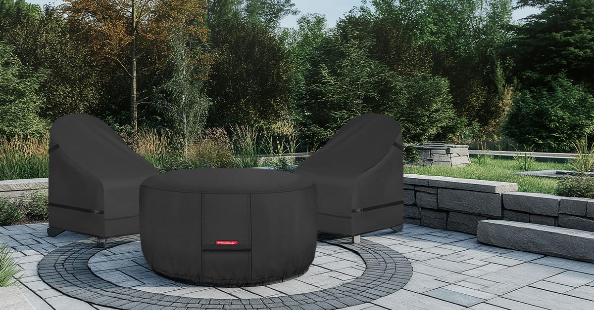 Porch Shield round fire pit cover 56 inches in use on a patio
