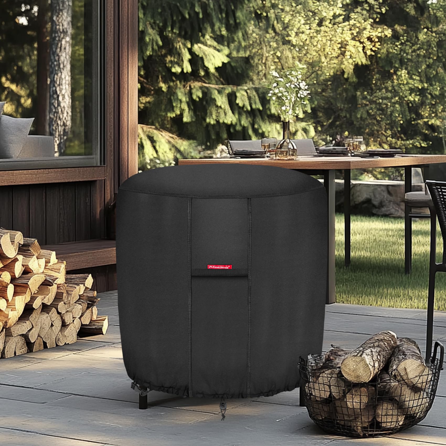 Porch Shield round fire pit cover on a fire pit outdoors