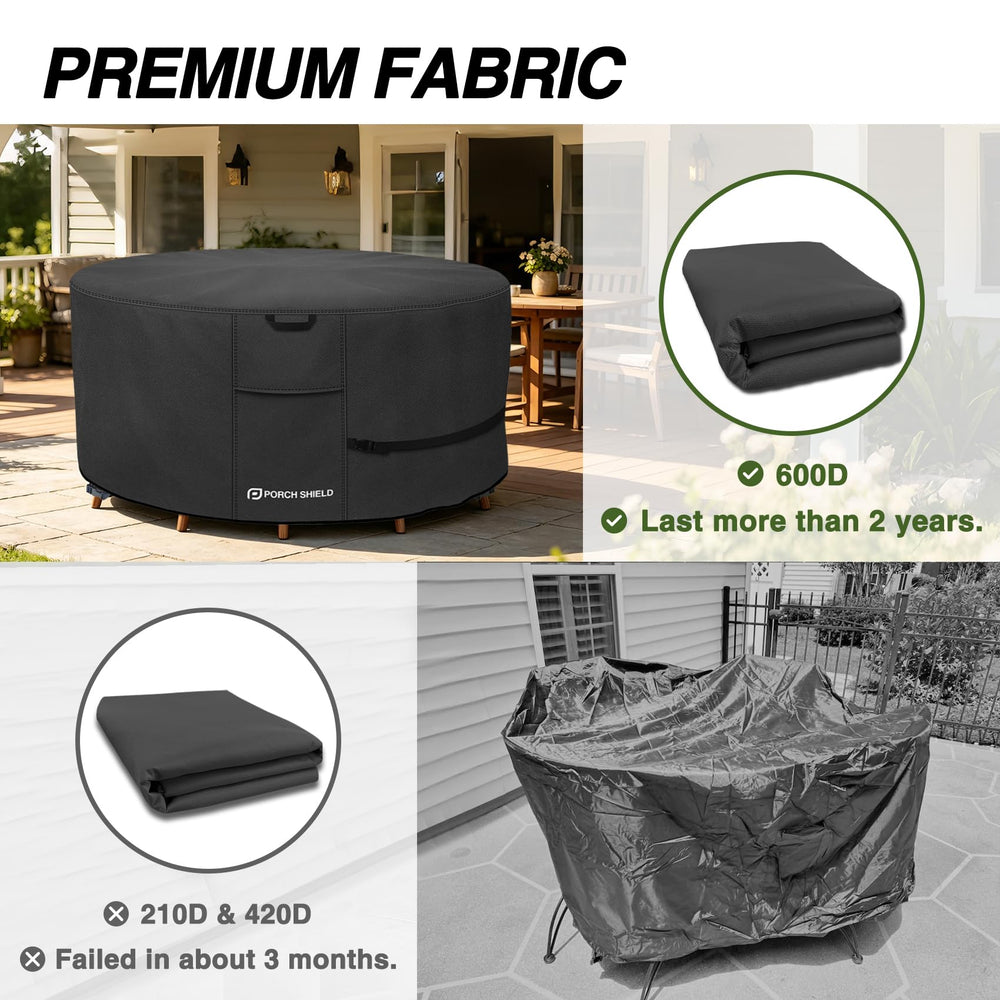 Porch Shield Round Patio Table Cover 96 inch black on a patio table
