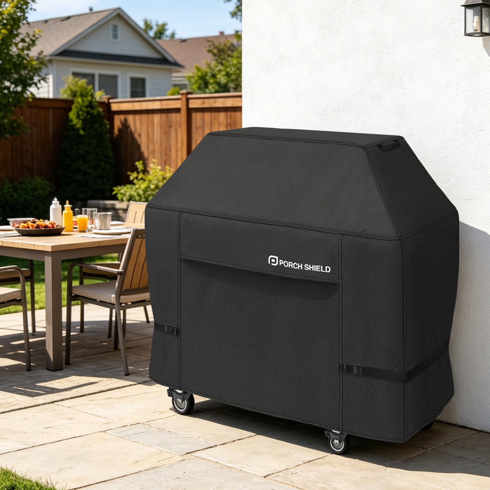 Porch Shield Waterproof BBQ Grill Cover in outdoor setting, Black