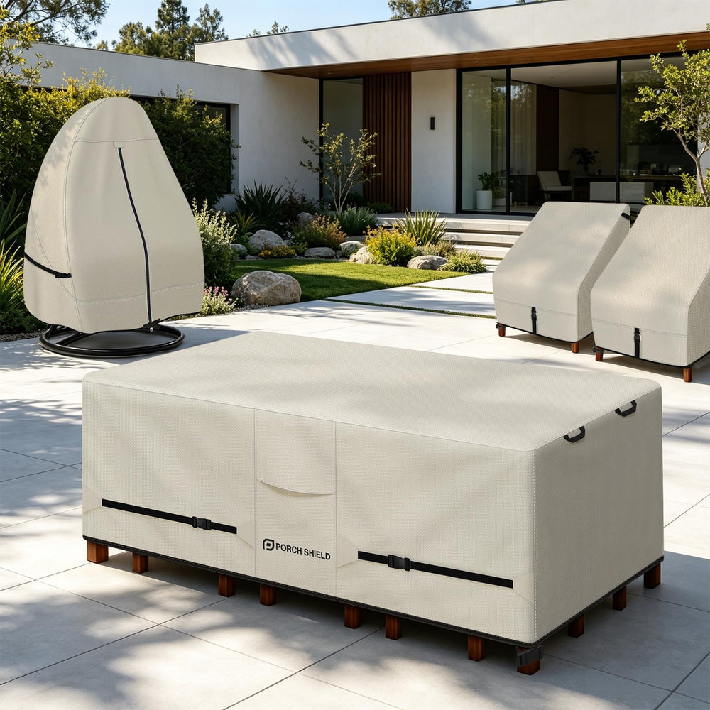 Porch Shield Waterproof Rectangular Patio Table Cover beige packaging