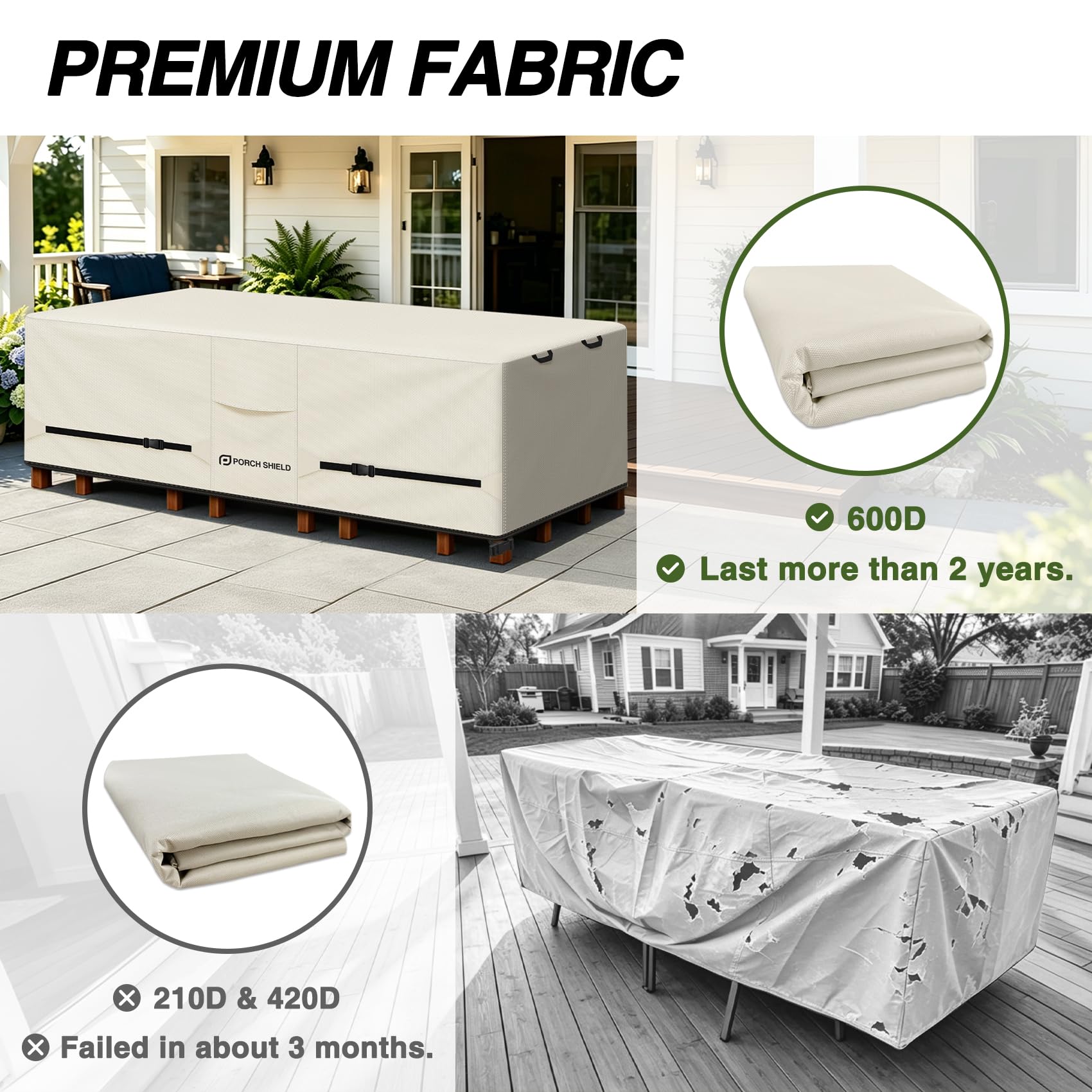 Porch Shield Waterproof Rectangular Patio Table Cover beige secured with straps