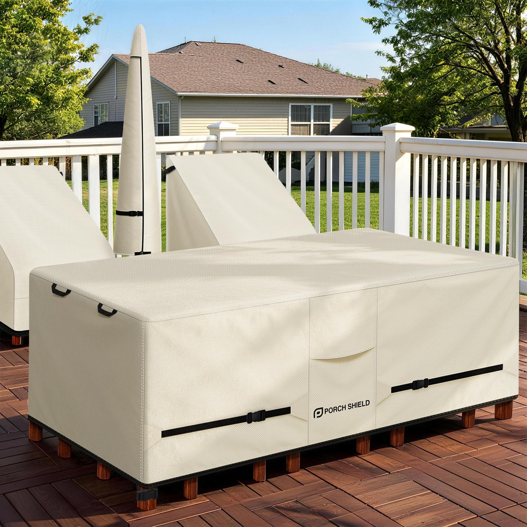Porch Shield Waterproof Rectangular Patio Table Cover beige with air vents