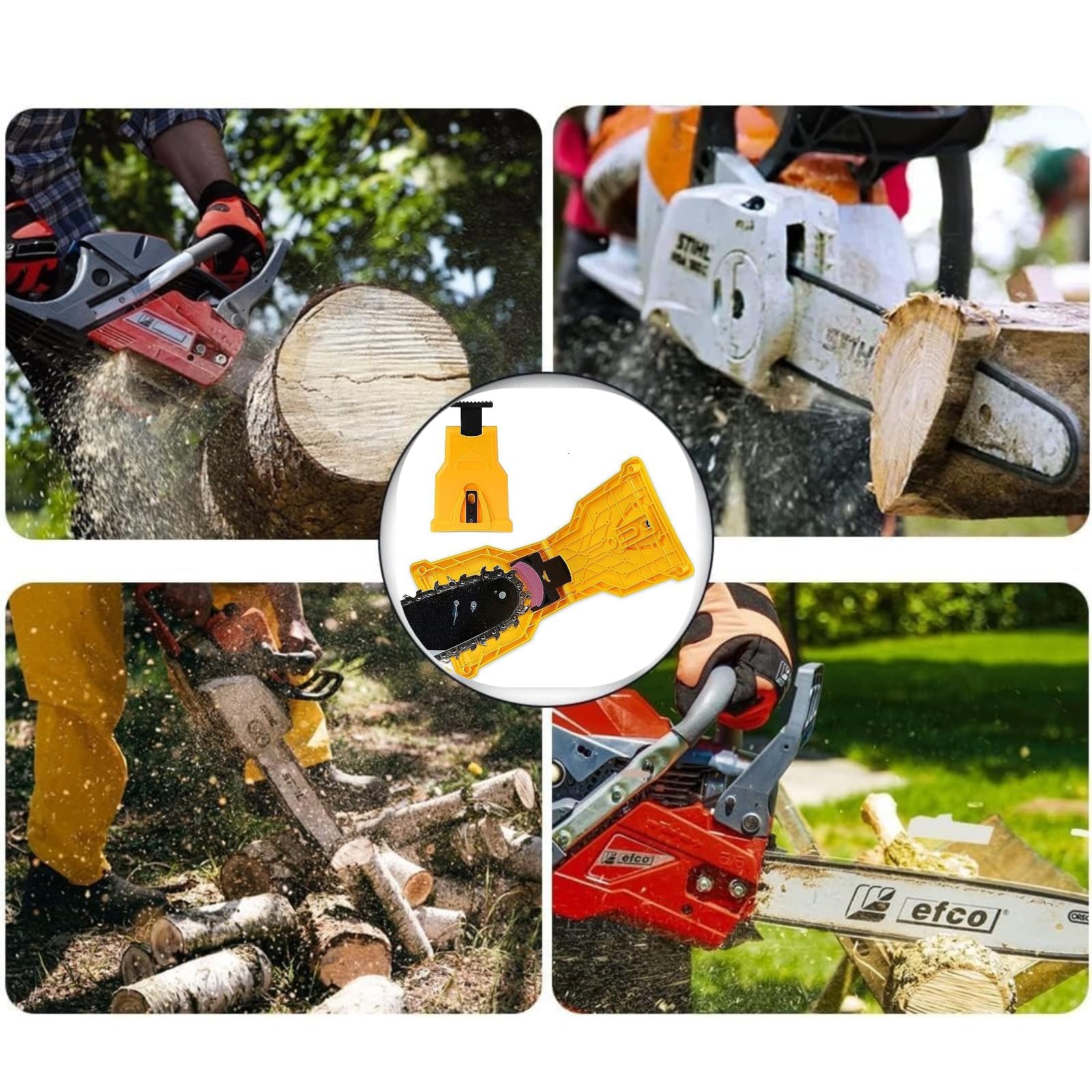 Portable Dekvoraq Chainsaw Sharpener on a workbench