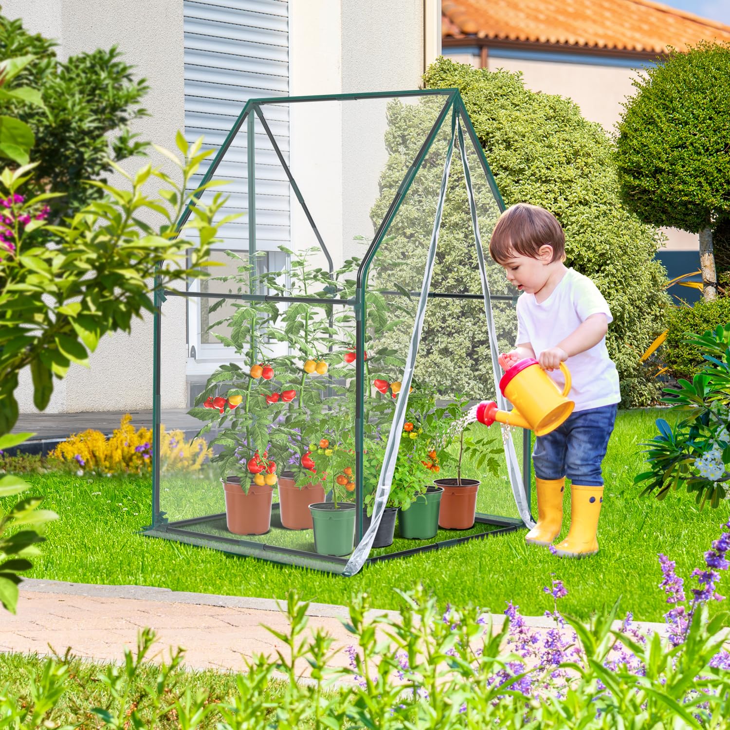 Portable Ohuhu Mini Greenhouse assembled outdoors