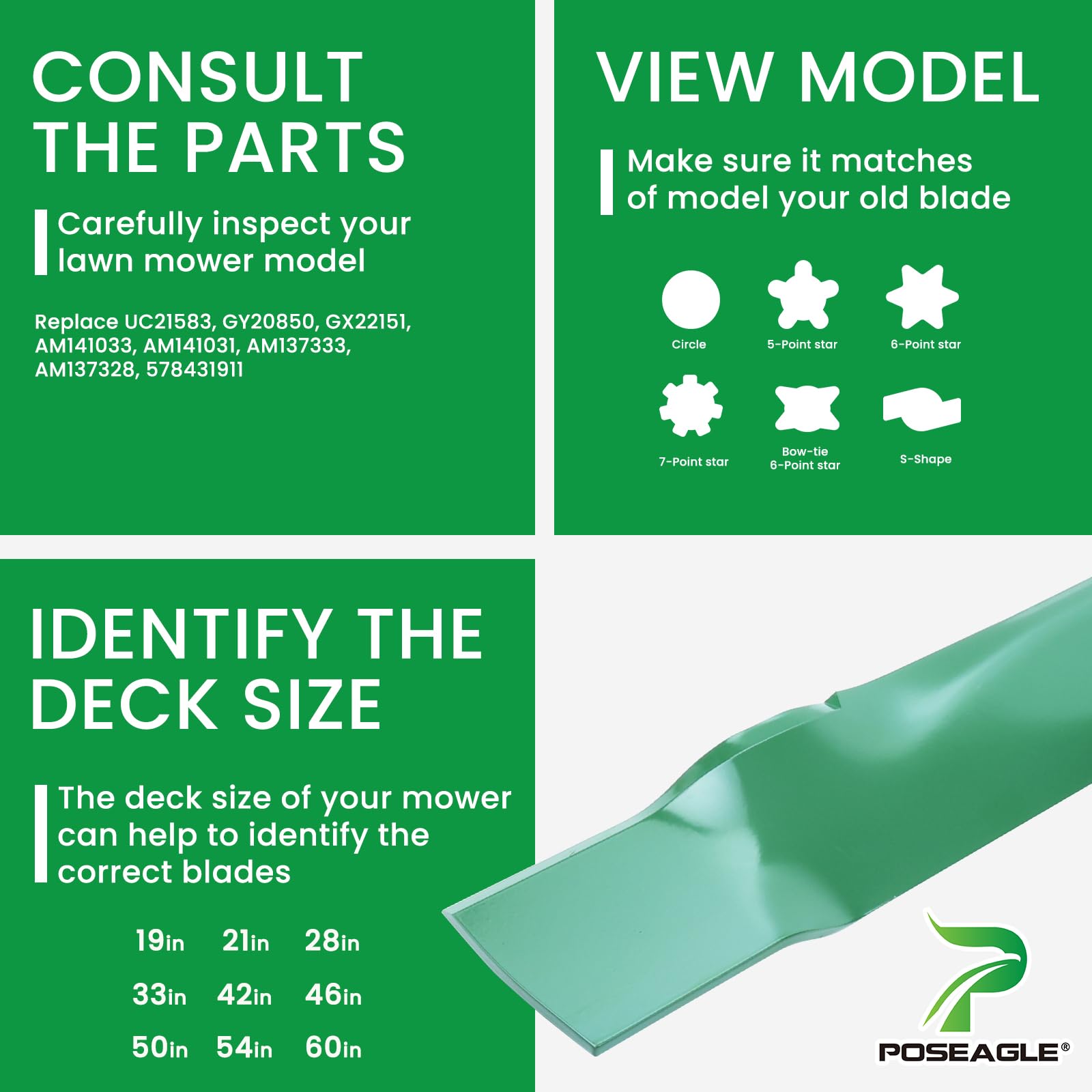 POSEAGLE GY20850 mower blades showing lift design
