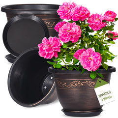 Pottiffe 12 Inch Resin Flower Pot front view with decorative style