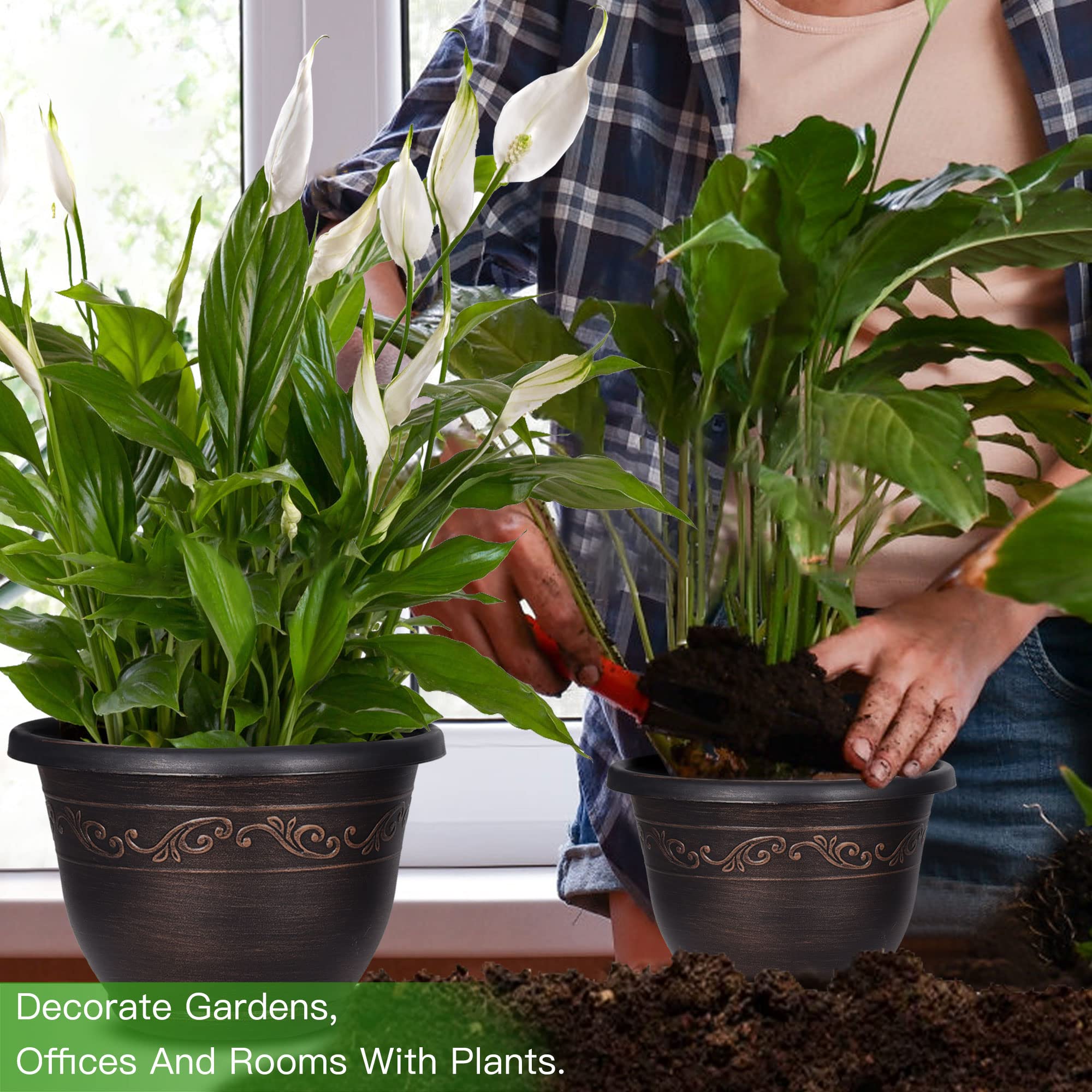 Pottiffe 12 Inch Resin Flower Pot with vibrant houseplants
