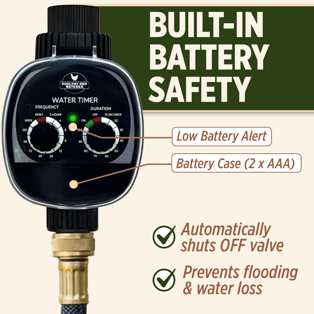 Poultry Pro Water Timer back view showcasing battery compartment