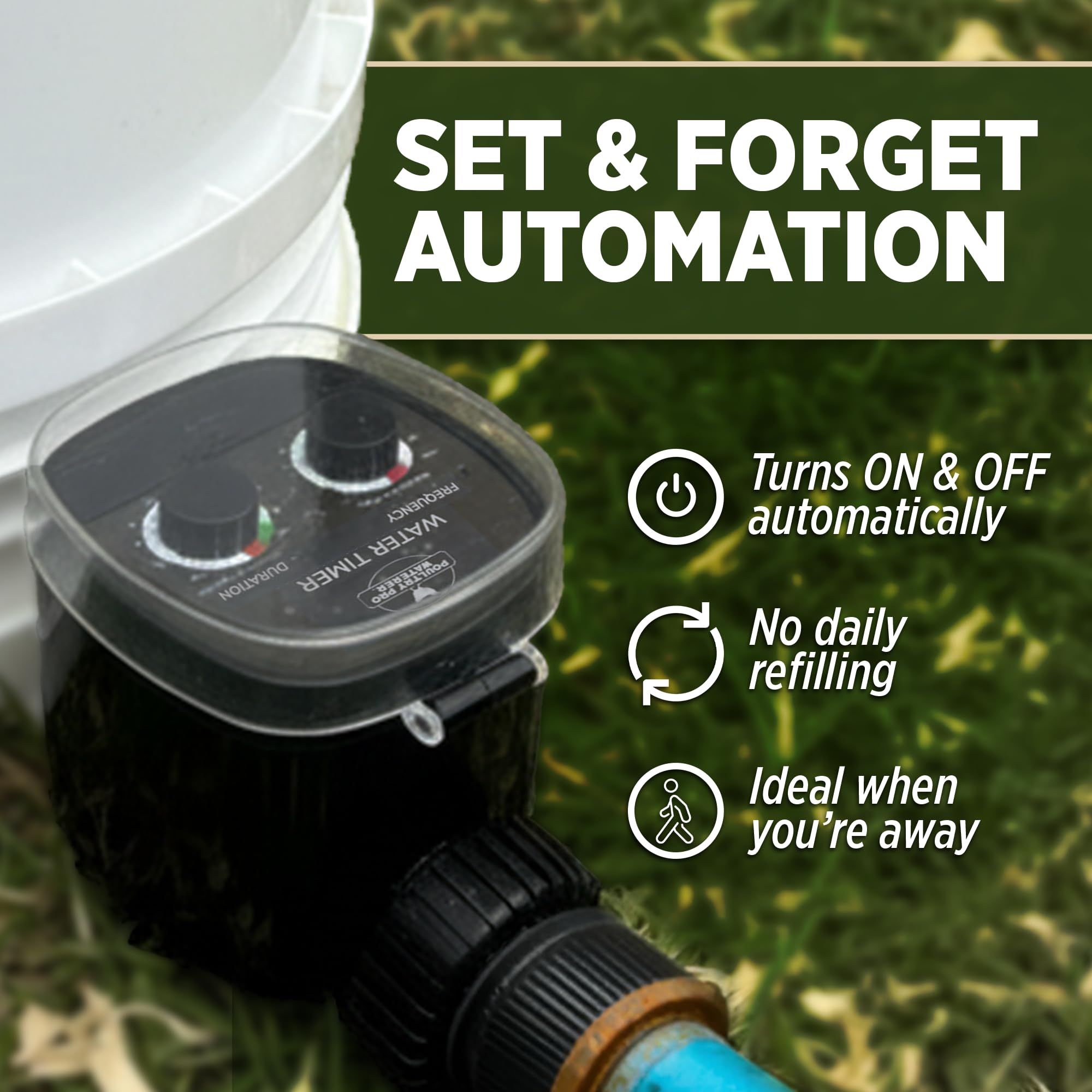 Poultry Pro Water Timer side view showing hose connection