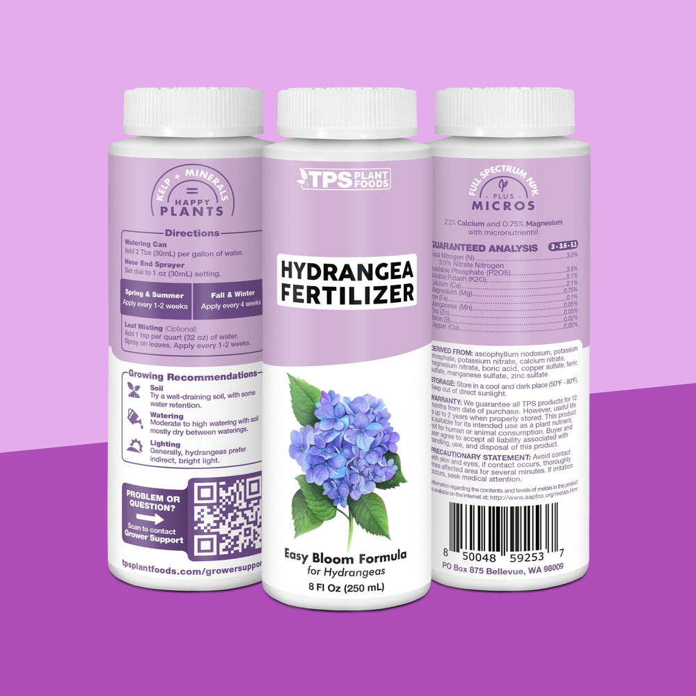 Pouring TPS NUTRIENTS Hydrangea Fertilizer into a watering can