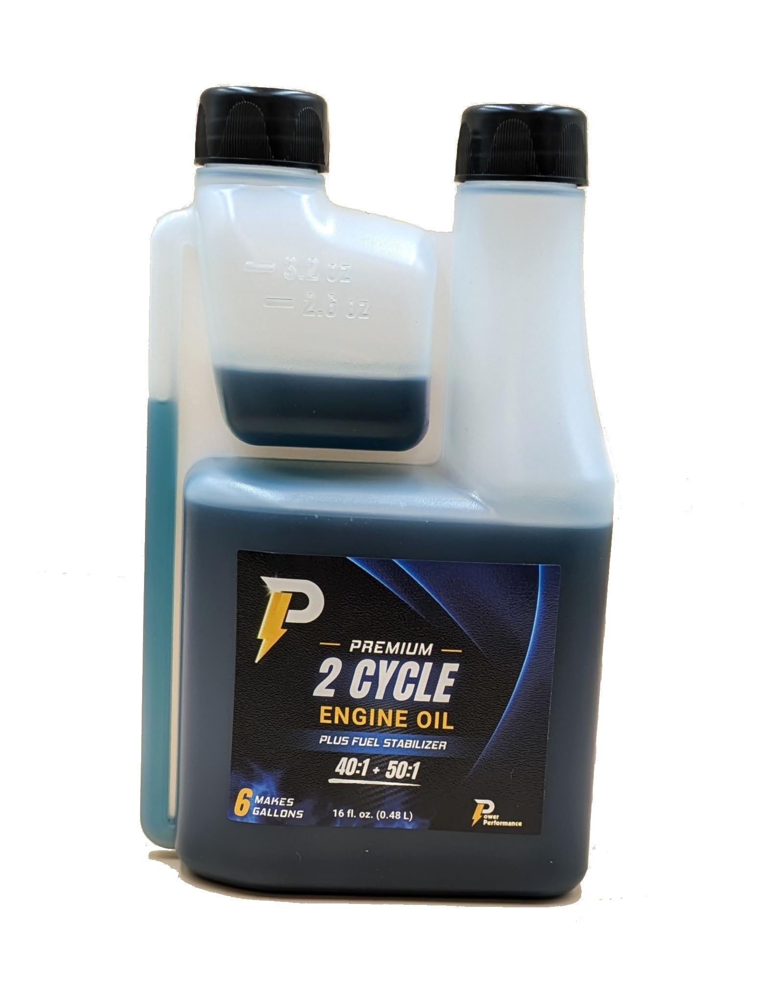 Power Performance 2-Cycle Oil 16oz bottle on a wooden surface