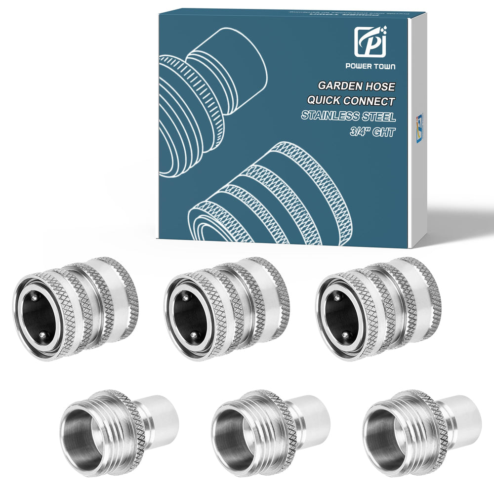 POWER TOWN Quick Connect Hose Fittings front view with stainless steel finish