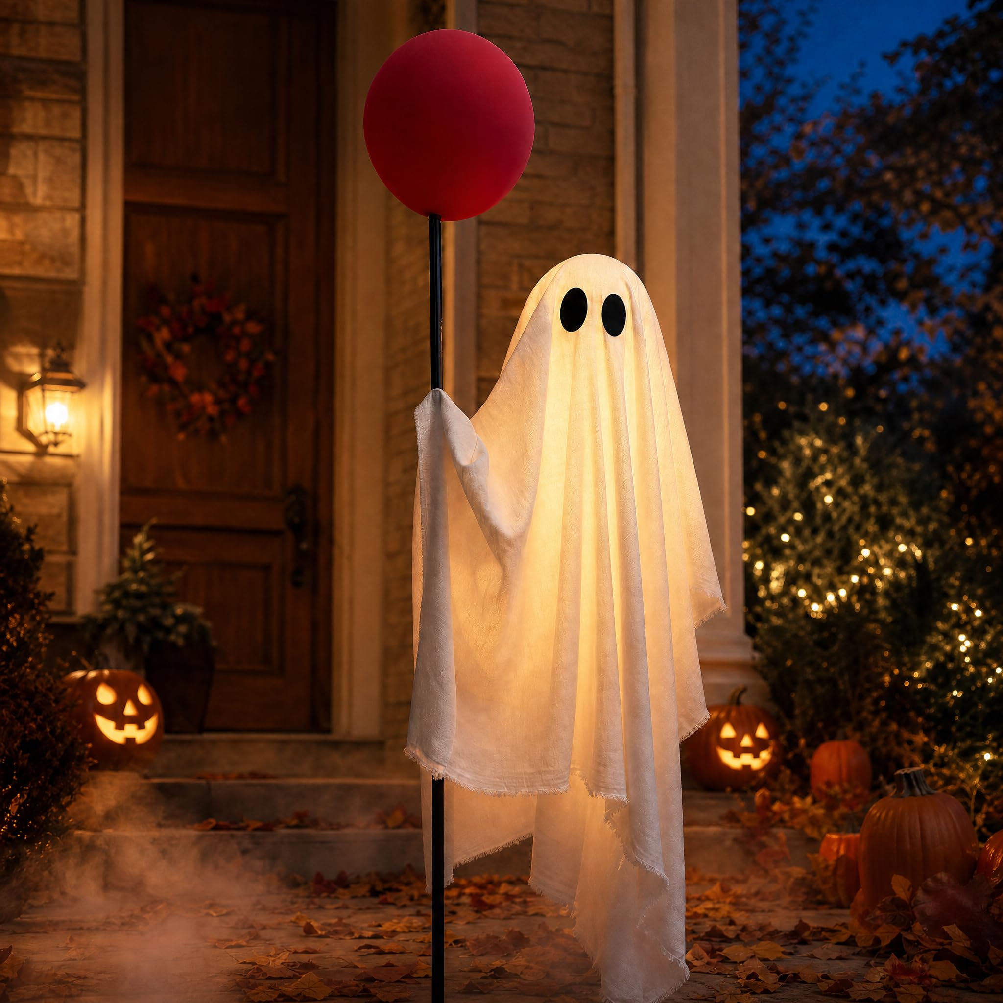 Power Your Lawn 6 FT life-size ghost with red balloon front view