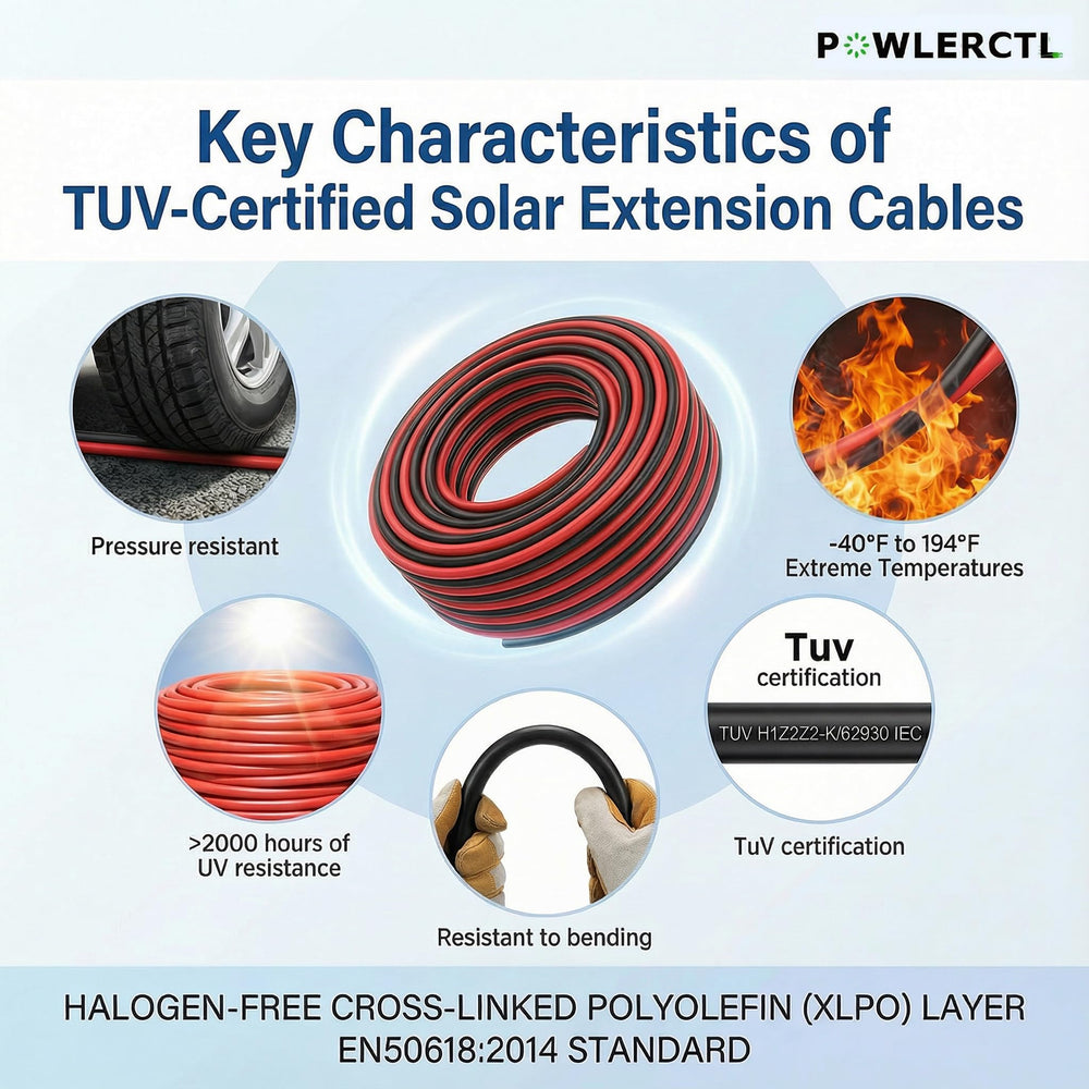 POWLERCTL Solar Panel Extension Cable 10 AWG close-up of tinned copper