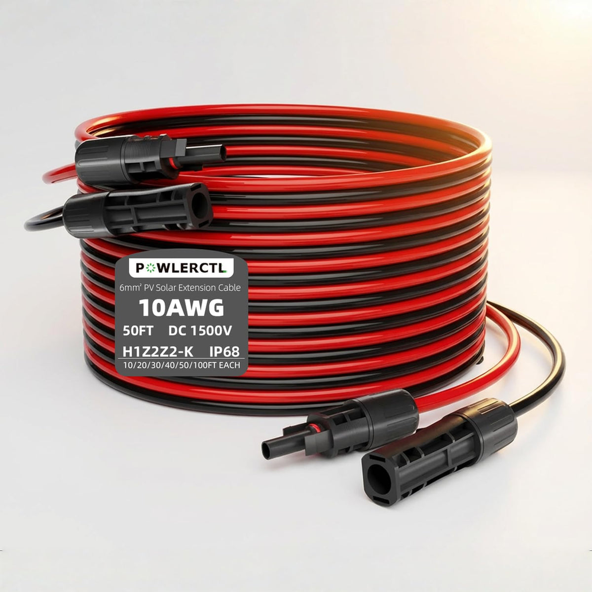 POWLERCTL Solar Panel Extension Cable 50Ft red front view