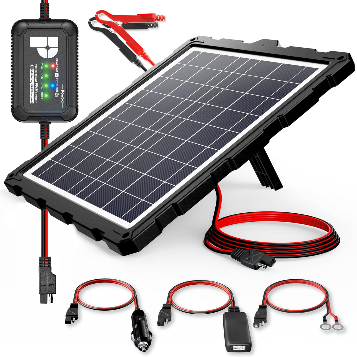 POWOXI 20W solar battery charger front view, monocrystalline silicon