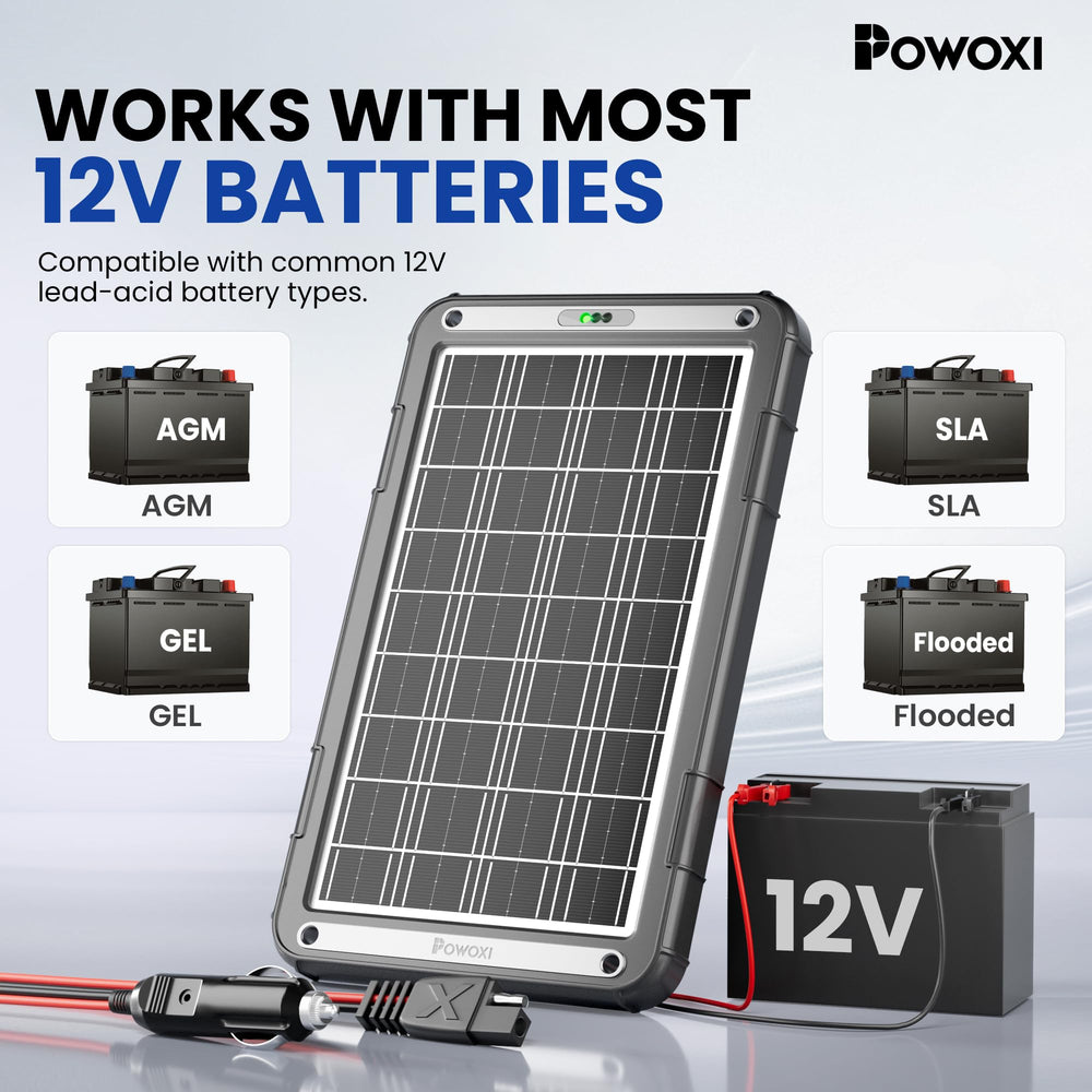 POWOXI solar charger being connected to battery