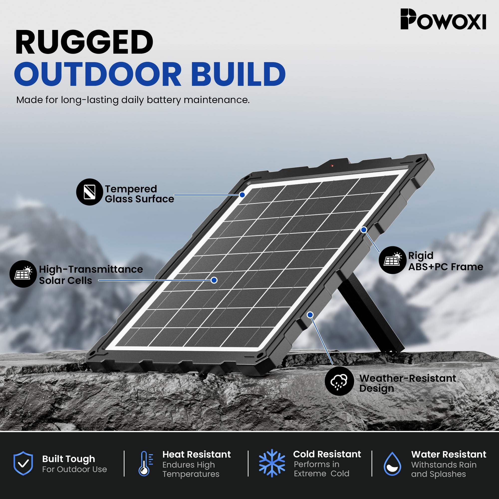 POWOXI solar charger displaying LED indicators for battery status