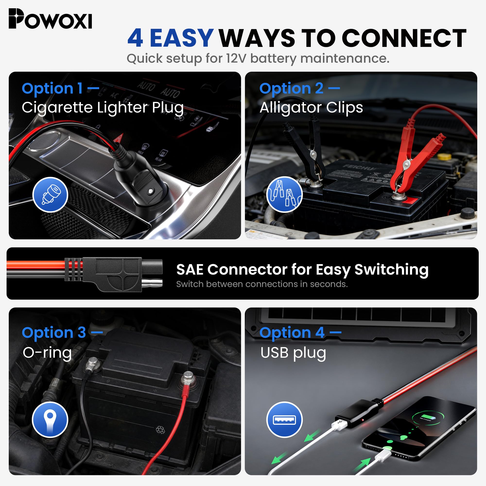 POWOXI solar charger used on a motorcycle battery