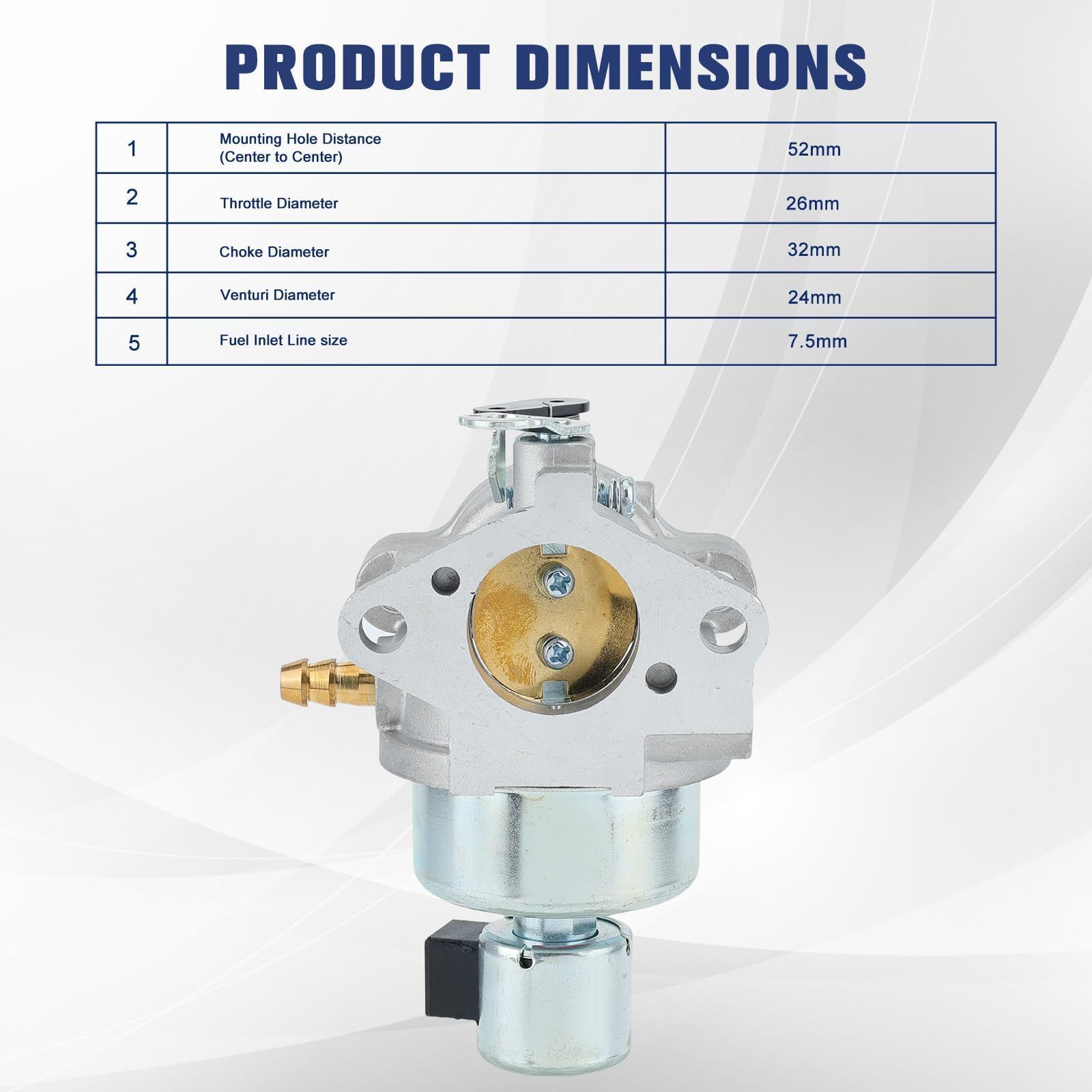 Powtol Carburetor dimensions displayed on a table