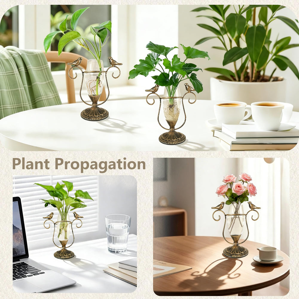 POXOHO vintage copper hummingbird propagation vase with plants