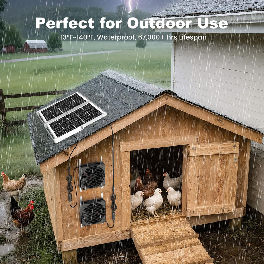 pqins solar fan in outdoor setting for chicken coop
